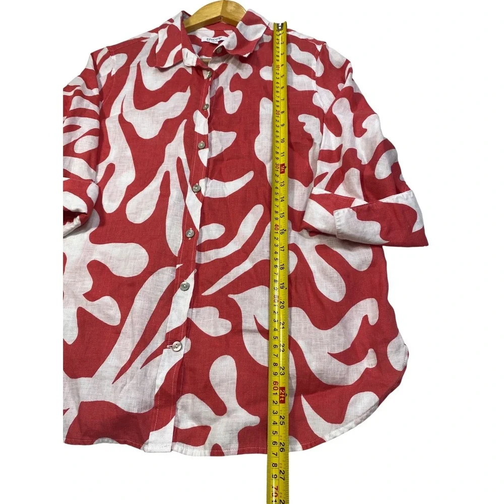 Chicos Abstract Swirl 100% Linen Button Down Shirt Size 1.5 US 10 Costal Vacay - Picture 5 of 7